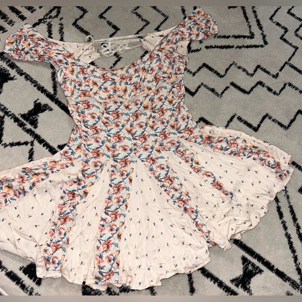 Free People Floral Mini Dress - Cream and Pink
